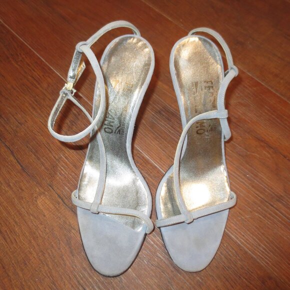 SALVATORE FERRAGAMO Gray Suede Thin Strapped High Heel Sandals - Picture 8 of 9